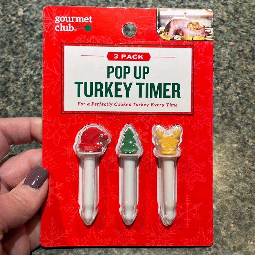 Gourmet Club 3 pack Pop up Turkey Timers with Christmas decorations on top NEW